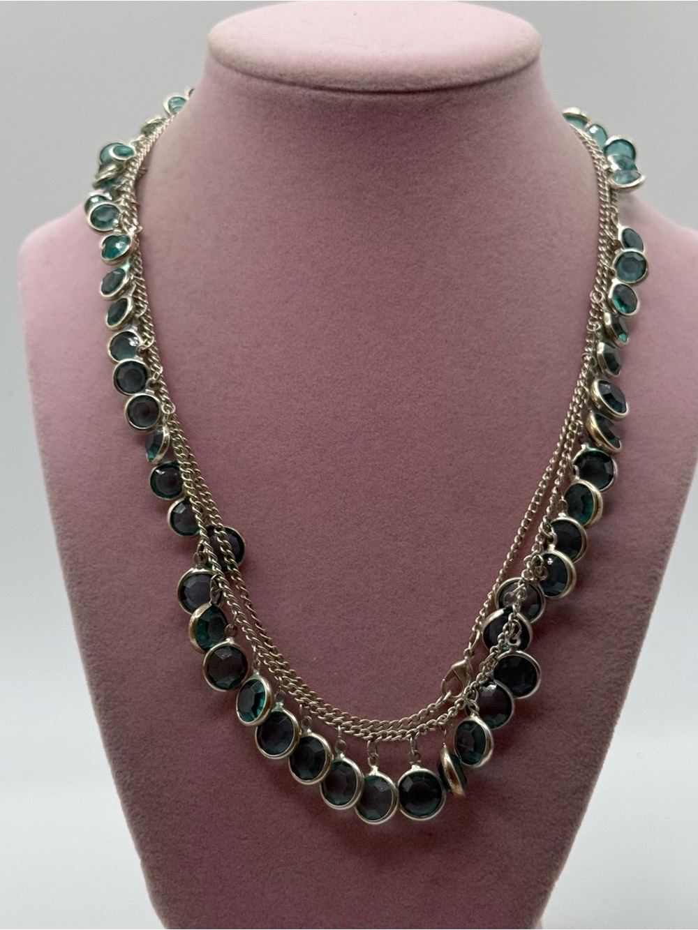 Long Silver Necklace with Teal Glass Accents
